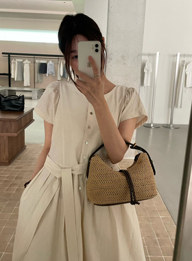 KITTIN-新韩系氛围感泡泡袖收腰气质中长款连衣裙(配腰绳)R5080-1