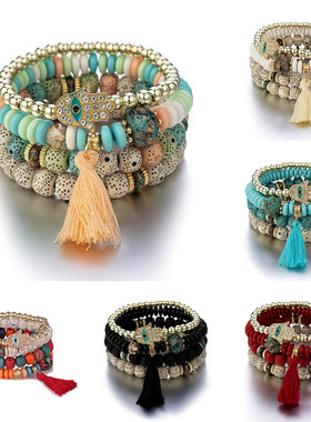 New Evil Eye Tassel Bracelet Set For Women Crystal Fatima Ha