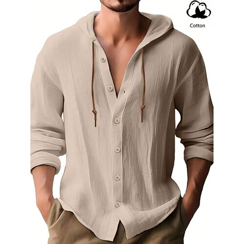 Men's Cotton Hooded Button-Up Shirt Long Sleeve Casual Light