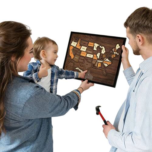 Wooden USA Maps Puzzles with Elements Sticker USA Travel Map