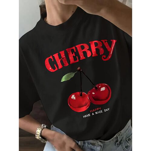 Cherry Blossom Graphic Print Crew Neck  Women's Casual Short