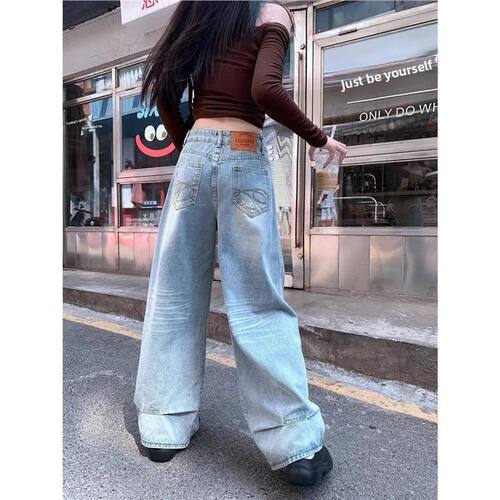 American Washed Light Blue Loose Wide Leg Jeans Women's New