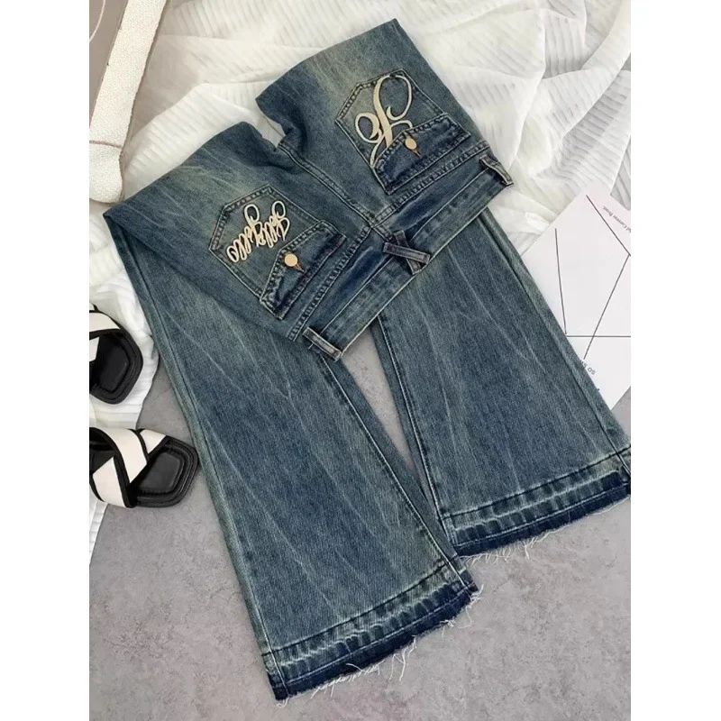 American retro low-waisted jeans female autumn new embroider