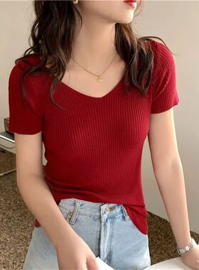 Basic V-neck Solid Thin Summer Pullover Women Female Knitted