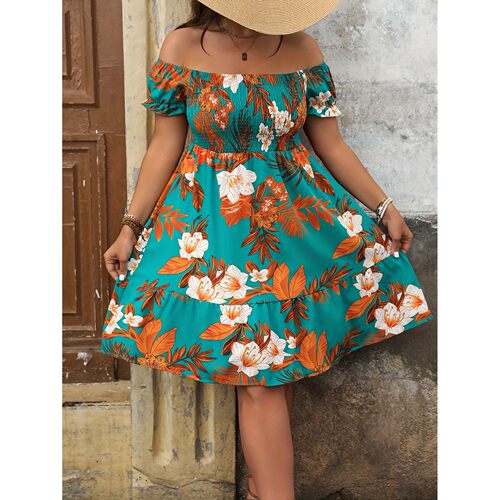 Plus Size Summer Elegant Women's Floral Print Dress Casual V