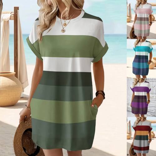 Chic Plus Size Dress: Elegant Stripes, Roll-Up Sleeves, Pock