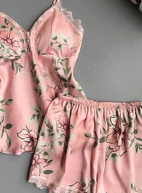 Pink Spaghetti Strap Lace Applique Satin Cami Top And Shorts