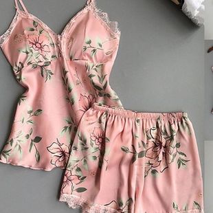 Pink Spaghetti Strap Lace Applique Satin Cami Top And Shorts