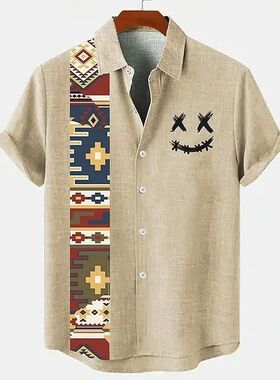 Retro pattern, men's short sleeved shirt, loose and comforta
