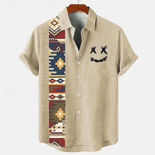 Retro pattern, men's short sleeved shirt, loose and comforta