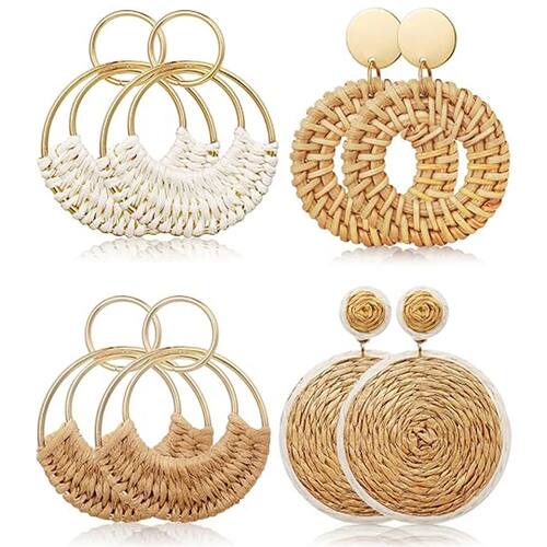 1 or 4 PAIRS Raffia Boho Hoop Earrings for Women Bohemia Sum