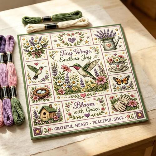 Beginner Embroidery Kit Hummingbird Flower Themed Cross Stit