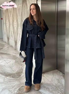 Vintage Belt Denim Jacket Trouser Suit Women Lapel Single Br