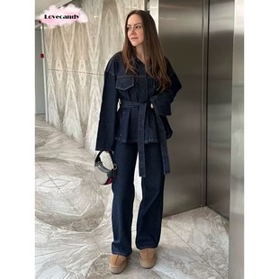 Vintage Belt Denim Jacket Trouser Suit Women Lapel Single Br