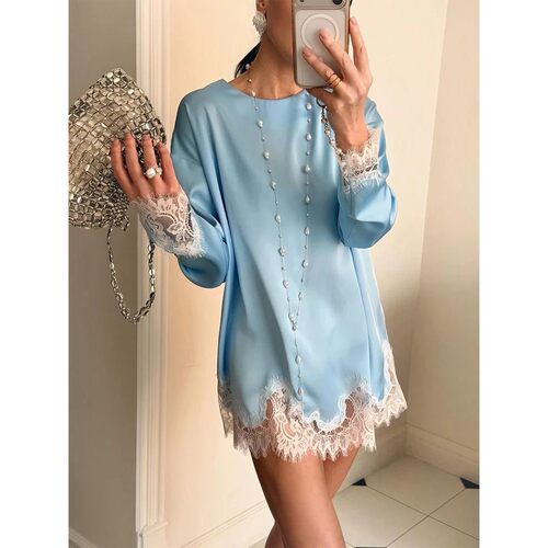 Satin Lace Patchwork Dress Women Long Sleeve O-neck Casual 2