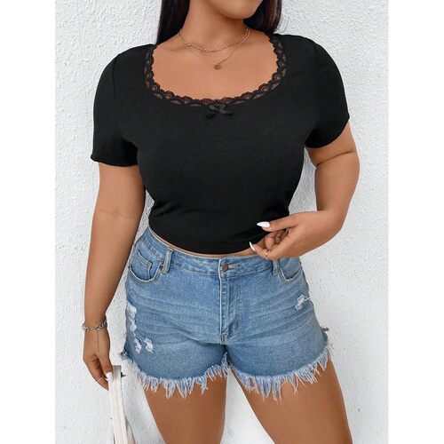 Plus Size Summer Women's T-Shirt Solid Basic Tops Lace Round