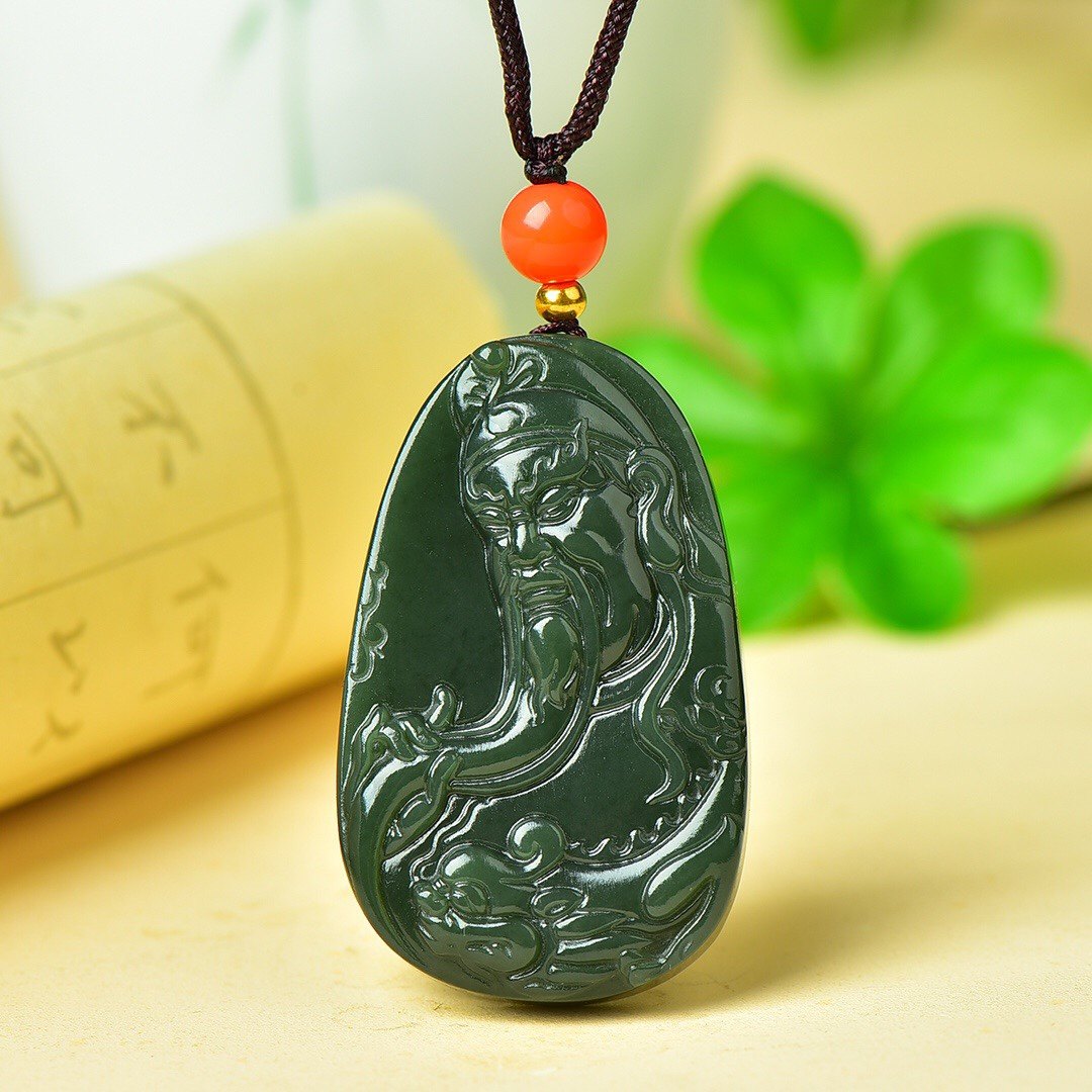 天然正品新疆和田青玉观武财神关公吊坠男女玉石项坠颈饰挂件证书