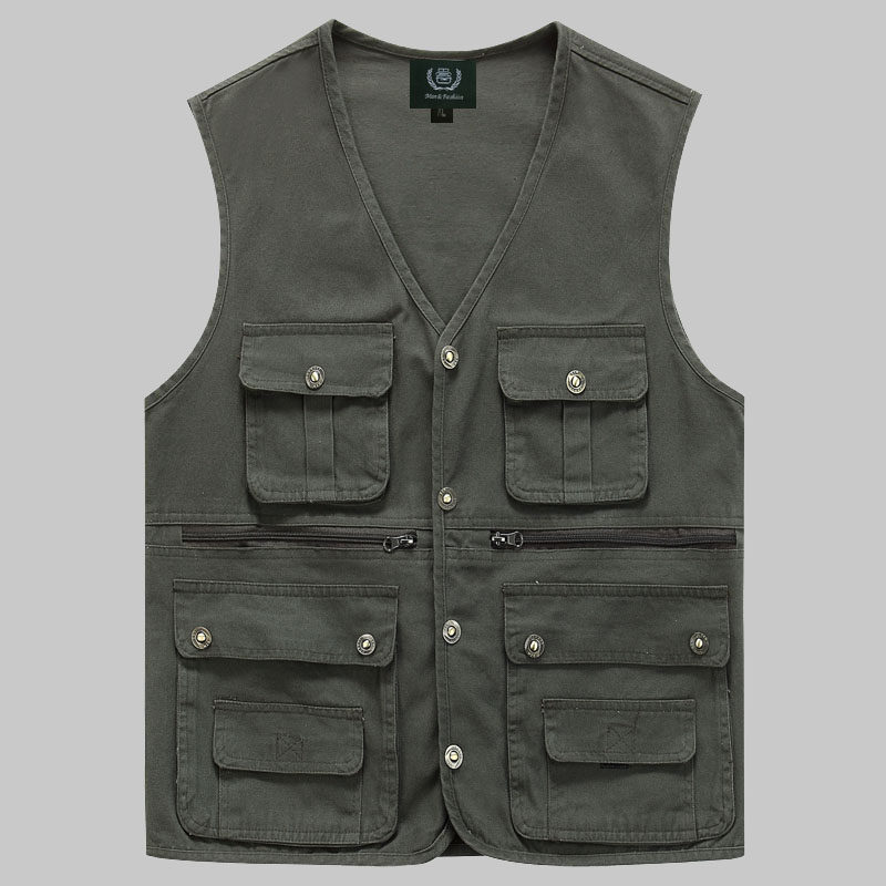 全棉户外中老年男士春秋多口袋摄影马夹宽松背心水洗纯棉钓鱼马甲