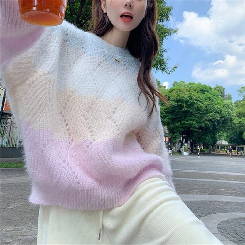 温柔风渐变色毛衣女2025早秋新款韩系减龄宽松套头镂空针织衫上衣