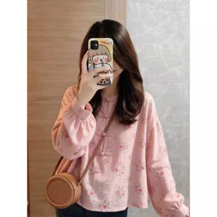 新中式风粉色碎花盘扣长袖上衣百搭减龄2026春季新款洋气国风小衫