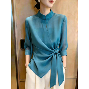 通勤风蓝色立领衬衫女休闲小众系带收腰绑带上衣减龄2026夏新款