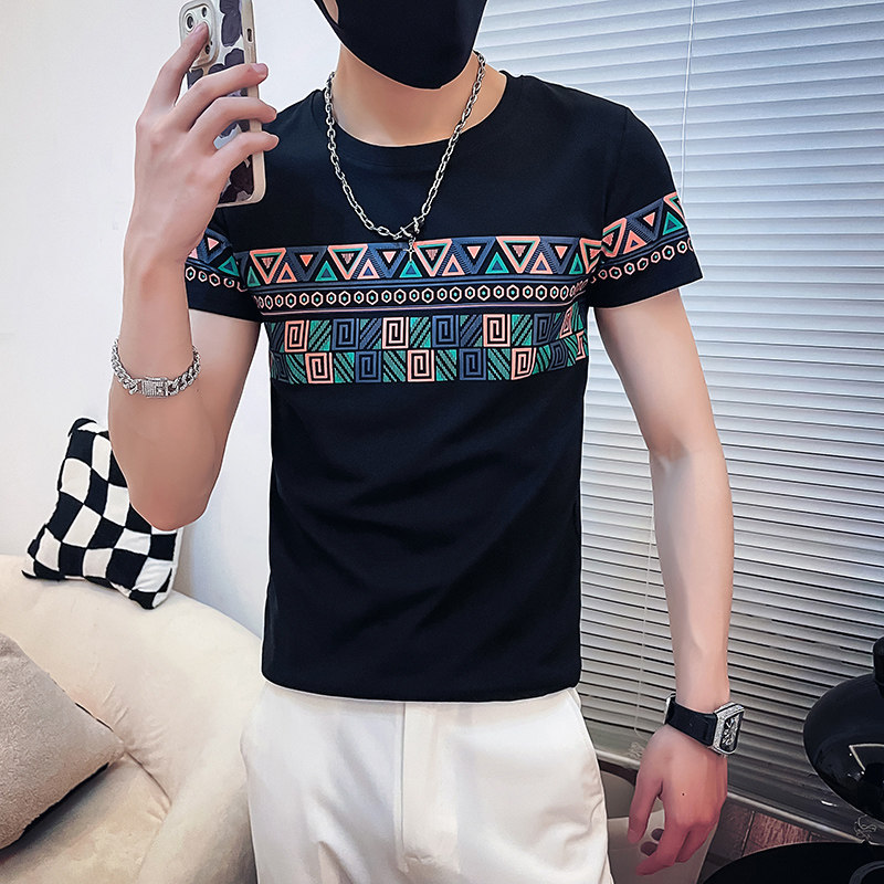 2025社会小伙拼接印花短袖T恤男修身TXZ403-1-T5006-P38限58,男装T恤,电商C301