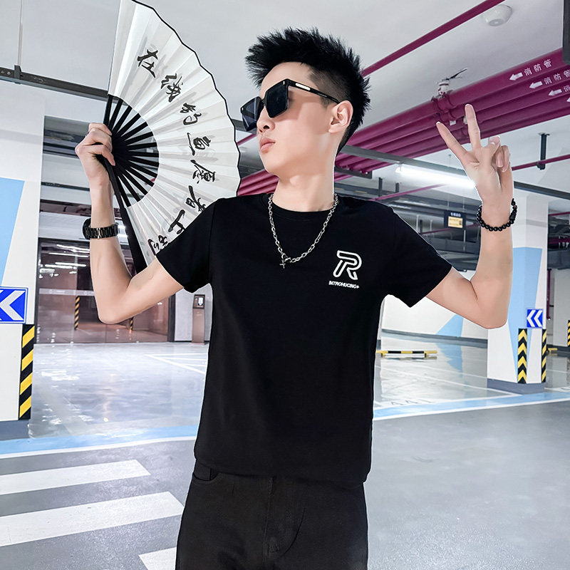 2025夏社会小伙字母刺绣短袖T恤男修身T1XZ403-1-T8038-P38限58,男装T恤,电商C301