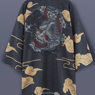 欧美宽松街头潮酷时尚 骨骼头暗黑印花道袍 休闲日系和风羽织七分袖