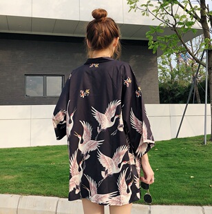 夏季韩版日式和风羽织宽松防晒衣仙鹤和服男女情侣改良汉服外套潮