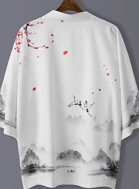 夏季汉服个性创意山水画印花七分袖衬衫改良和服开衫宽松男女羽织