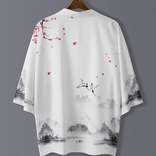夏季汉服个性创意山水画印花七分袖衬衫改良和服开衫宽松男女羽织