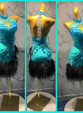 推荐露露新款舞蹈服定制恰恰拉丁舞演出服绿色羽毛高端伦巴比赛裙