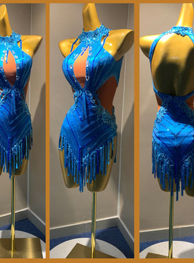 新款舞蹈服成人恰恰拉丁舞演出服定制专业高端伦巴蓝色比赛裙