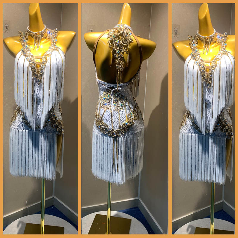 推荐露露新款舞蹈服定制恰恰拉丁舞演出服白色定制高端伦巴比赛裙