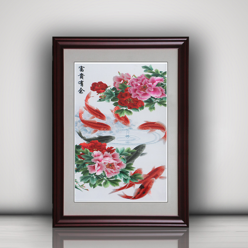 苏绣成品挂画客厅书房卧室装饰画苏州纯手工刺绣富贵有余质感家居图片