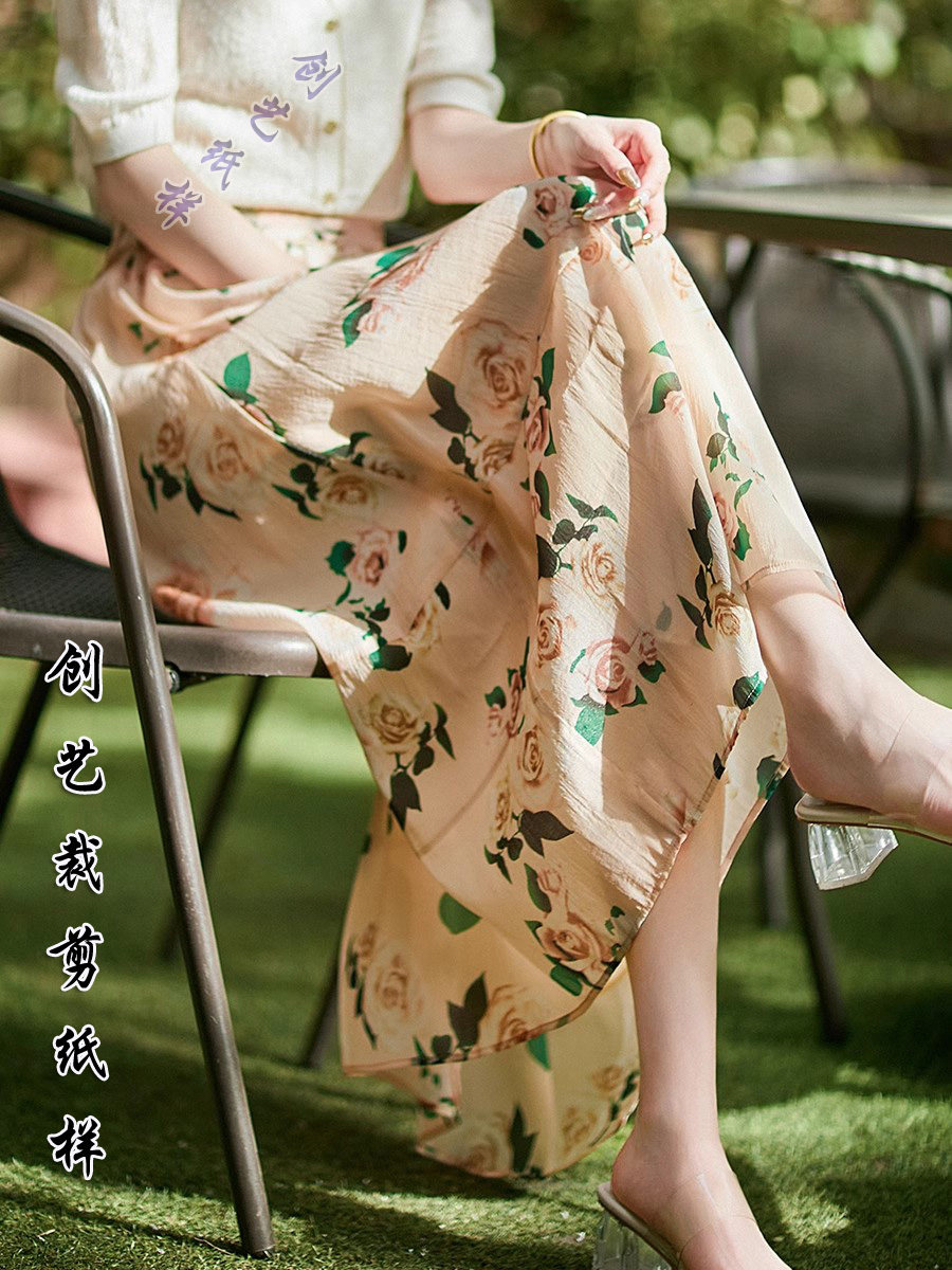 裁剪版N239天丝印花 文艺a字碎花半身裙夏小个子显瘦服样衣服图纸