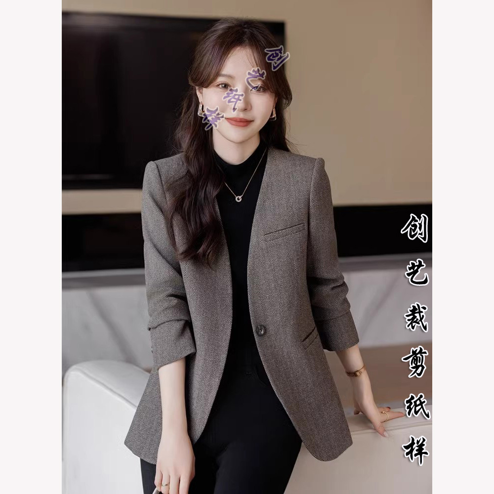 缝纫图E259西装外套女装春秋新款职业休闲无领小西服上衣服装纸样