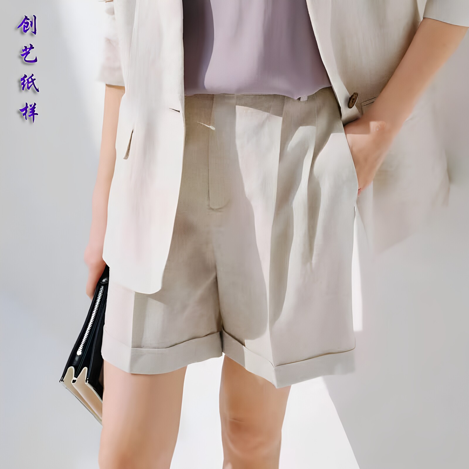 创艺亚麻短裤牛皮纸裁剪休闲宽松