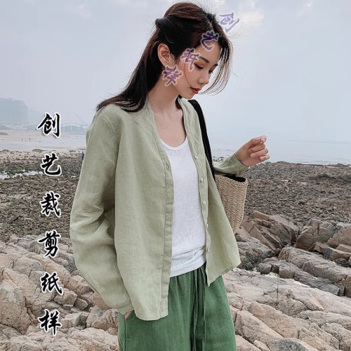 1：1裁剪图CX263夏季纯亚麻V领休闲飘逸衬衫女文艺短款衬衣纸样版