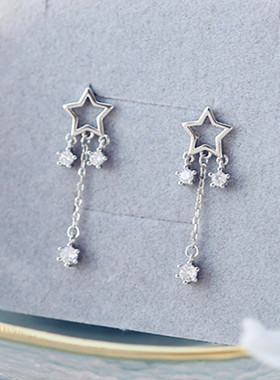 S925纯银仙女风五角星可爱闪亮少女心耳钉女小众星星流苏耳线耳环