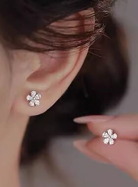 S999纯银锆石花朵睡觉免摘耳钉养耳洞耳环小众设计简约气质百搭女