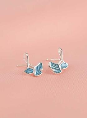 蓝色银杏叶银针耳钉森系气质超仙精致耳饰简约冷淡个性设计感耳环