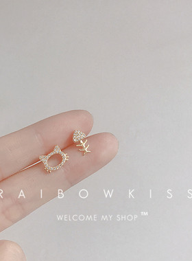 韩国925纯银猫咪鱼骨头耳钉可爱镶满钻不对称金色耳钉耳环镀金女