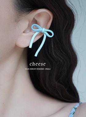 原创设计小清新蓝色蝴蝶结耳骨夹女小众甜美耳夹耳钉耳环耳饰