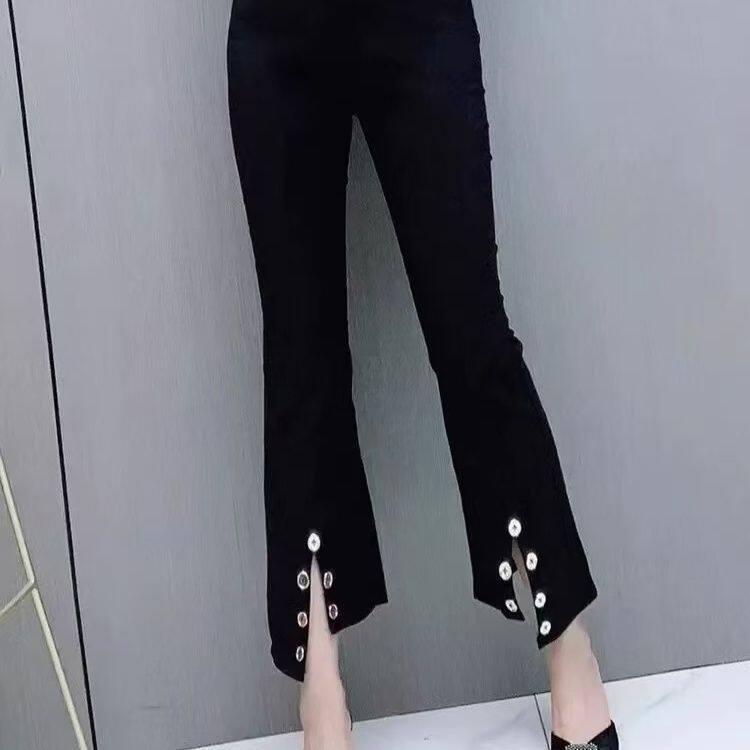 新款高端大码高腰百搭显瘦时尚女胖mm遮肉不对称喇叭裤休闲潮