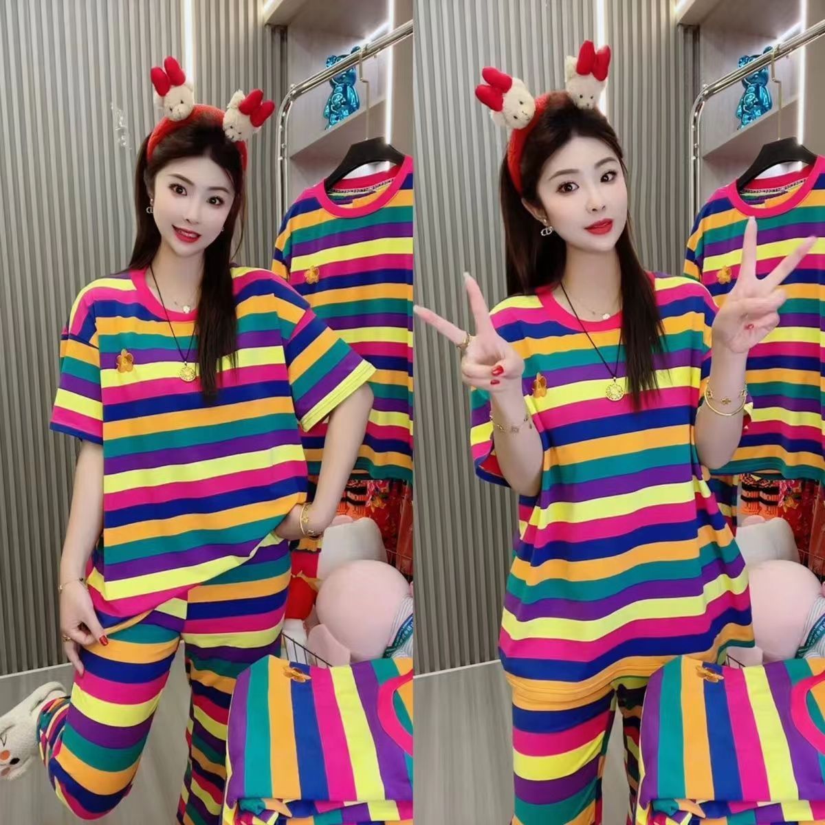 大码宽松条纹睡衣女春夏季学生少睡衣/家居服套装