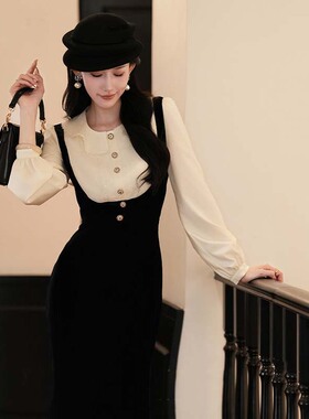 2025秋季法式新款轻奢优雅气质时尚收腰假两件衬衫连衣裙D3575