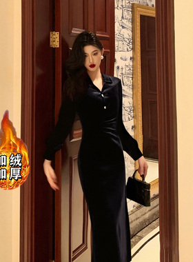 2025秋冬新款加绒加厚法式轻奢收腰温柔连衣裙D4145