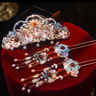 古风秀禾婚嫁发冠重工流苏步摇发簪烧蓝超仙精致头冠明制宋制头饰