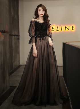 出租高端大气黑色晚礼服裙成人礼生日宴会主持人气质长款轻奢质感